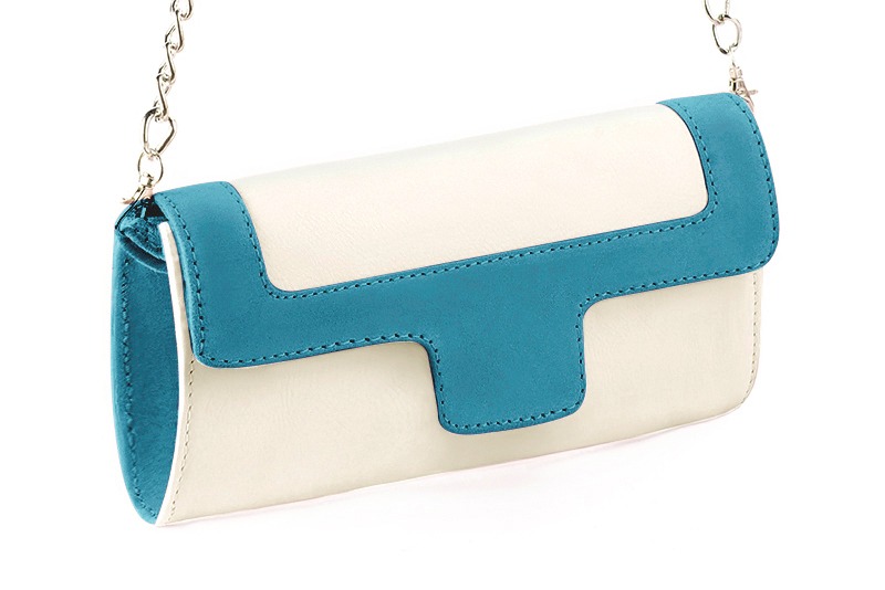 Dress clutch for wedding and parties in off white and peacock blue leather - Front view